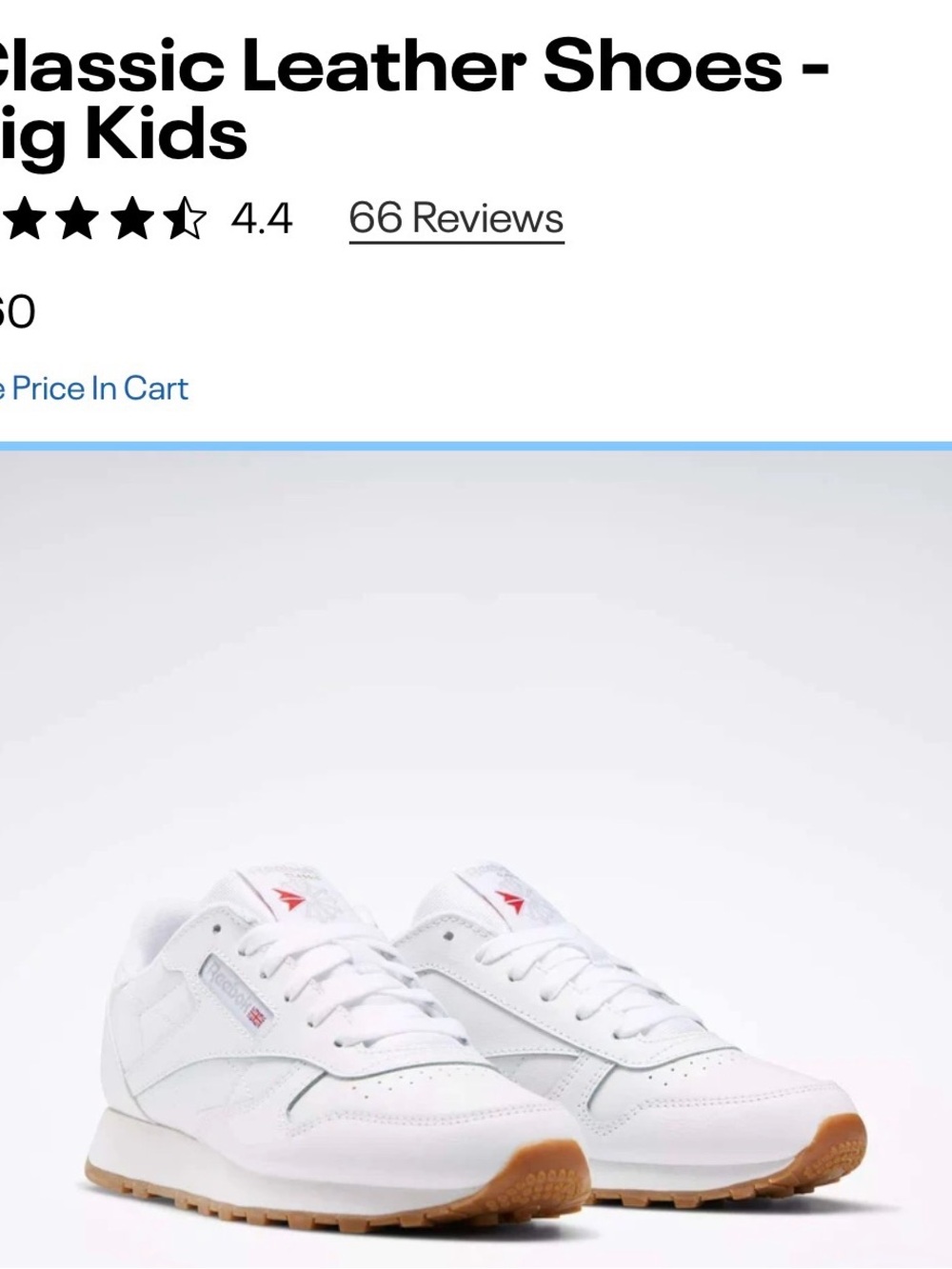 Reebok White Kids Sneakers with Gum Sole